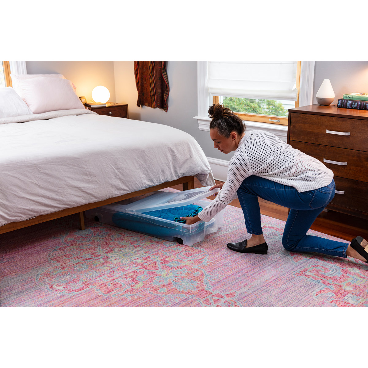 Under Bed Wheeled Storage Box, 2-Pack, Plastic Containers With Dual-Hinged Lids And Sturdy Wheels, Visible Organization For Tight Spaces